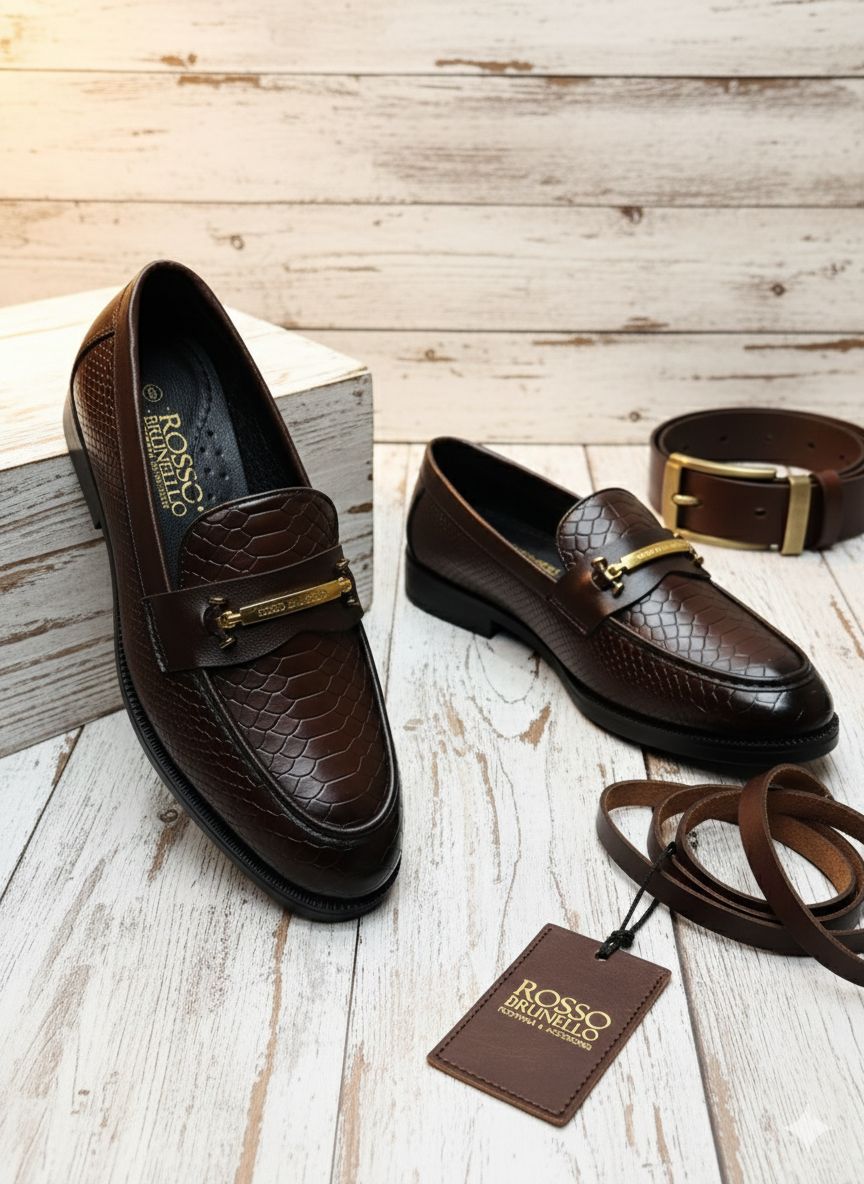 Rosso Brunello Men's Leather Logo Buckle Loafers